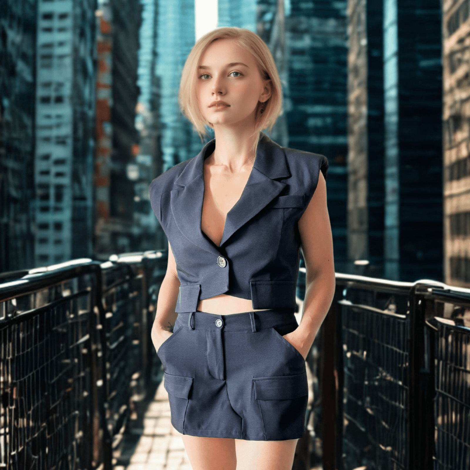 Sleeveless Blazer Crop Set with High-Waisted Shorts