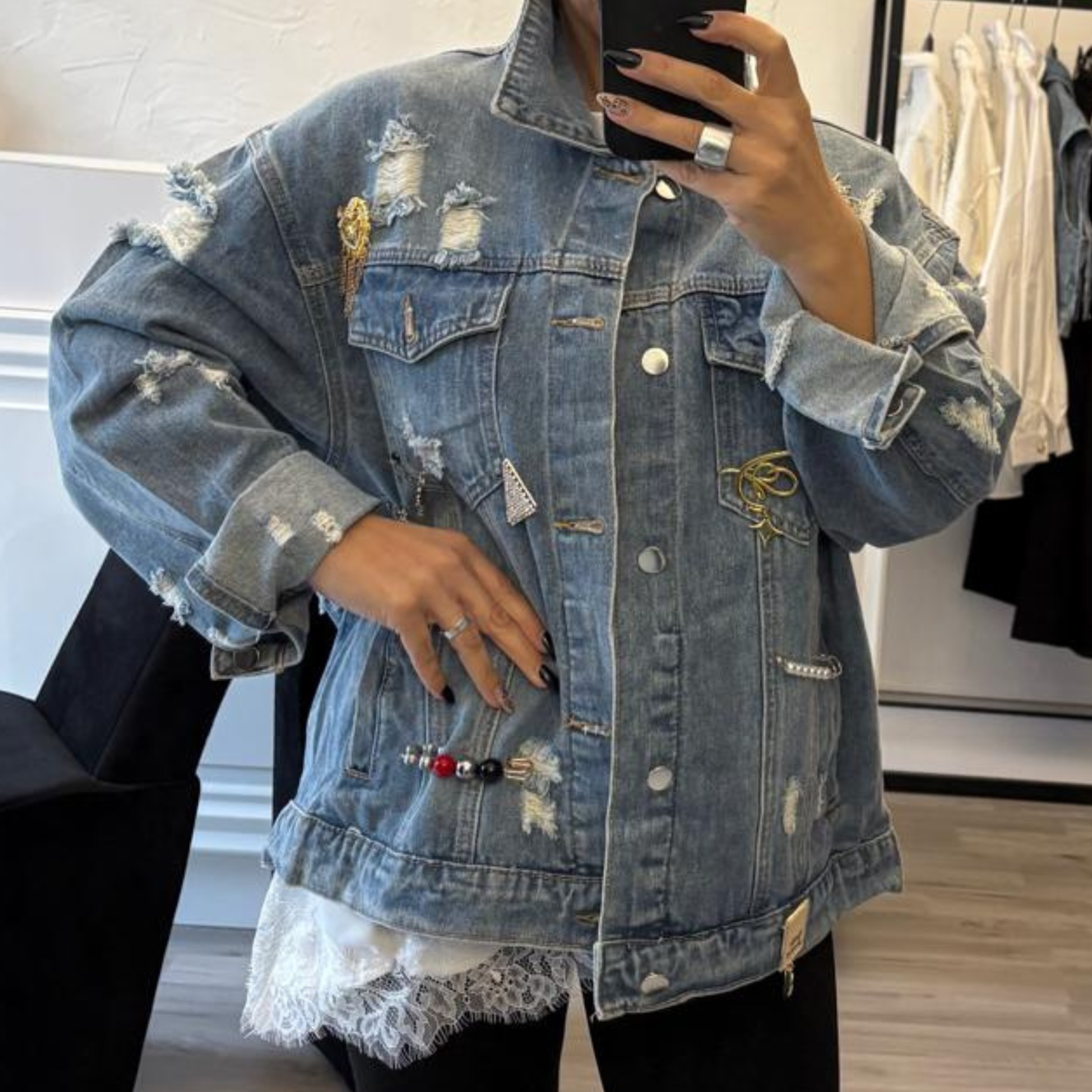 Blue Jeans Jacket with Decorative Pins - immagine 2