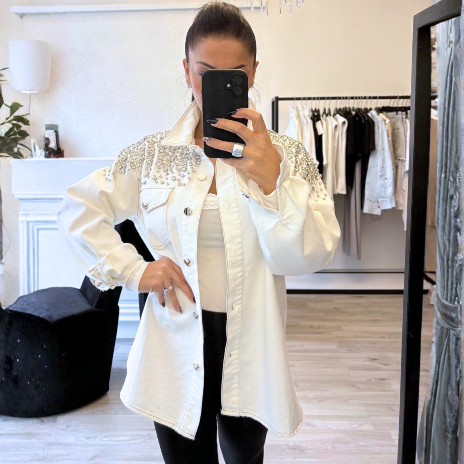 Jeans Jacket with Rhinestones on Shoulders