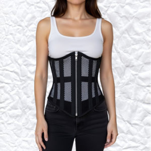 Black Mesh Corset Bustier with Front Zip Closure