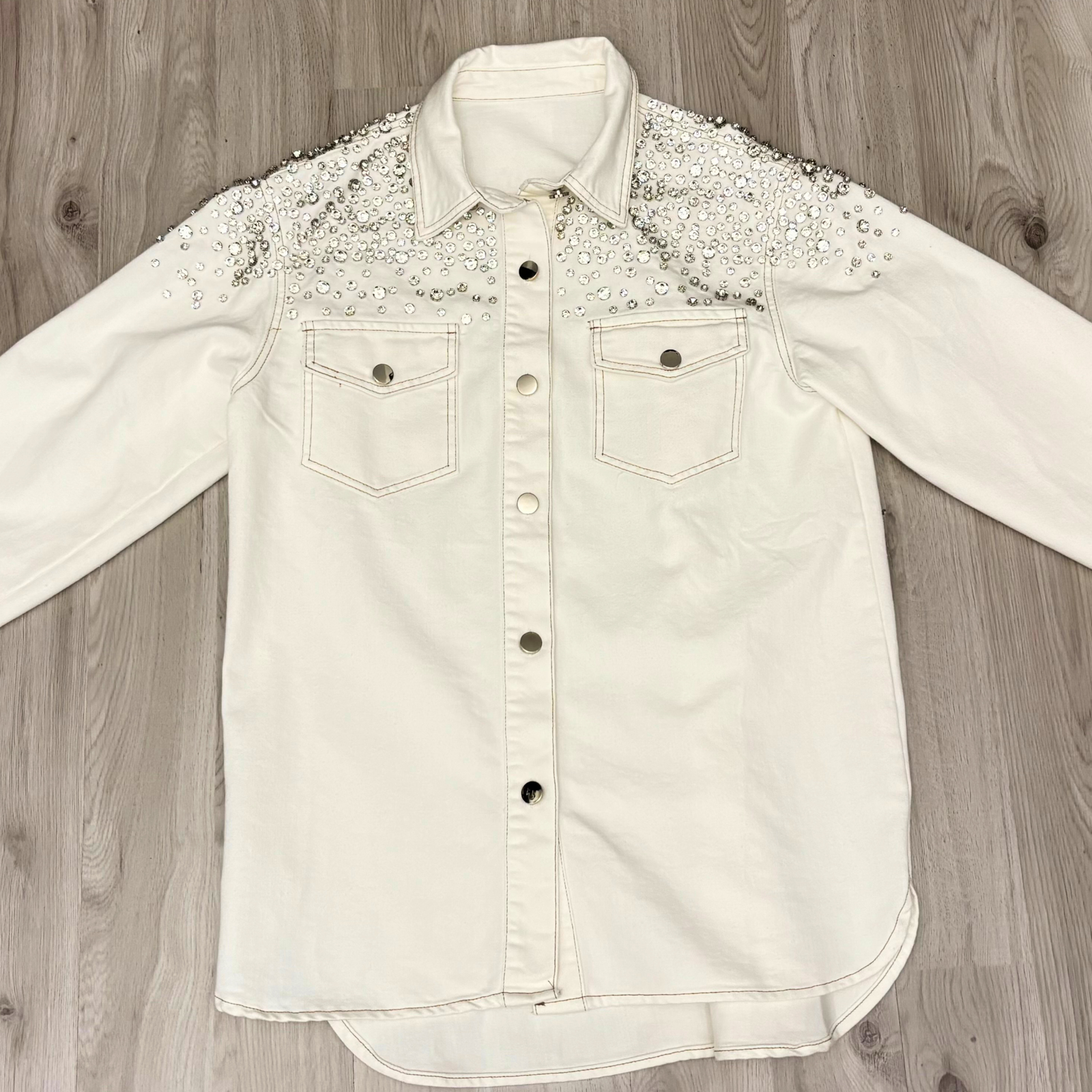Jeans Jacket with Rhinestones on Shoulders